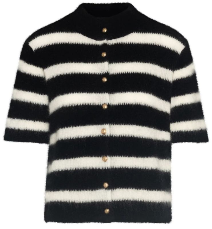 RAH Short Sleeve Cardigan With Buttons Black Ivory Striped