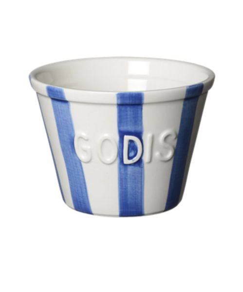 Bruka Design Godis Skål Blå Og Hvite Striper Med Hvit Tekst